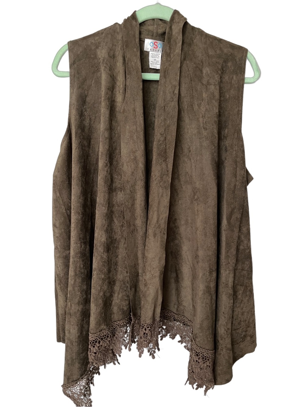 OS Casual Brown Faux-Suede Sleeveless Duster Vest with Crochet Hem